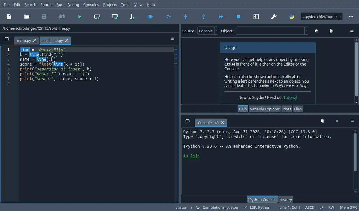 Spyder with split_line.py open in the editor on the left and an IPython console at the bottom right showing only the Python and IPython banner.