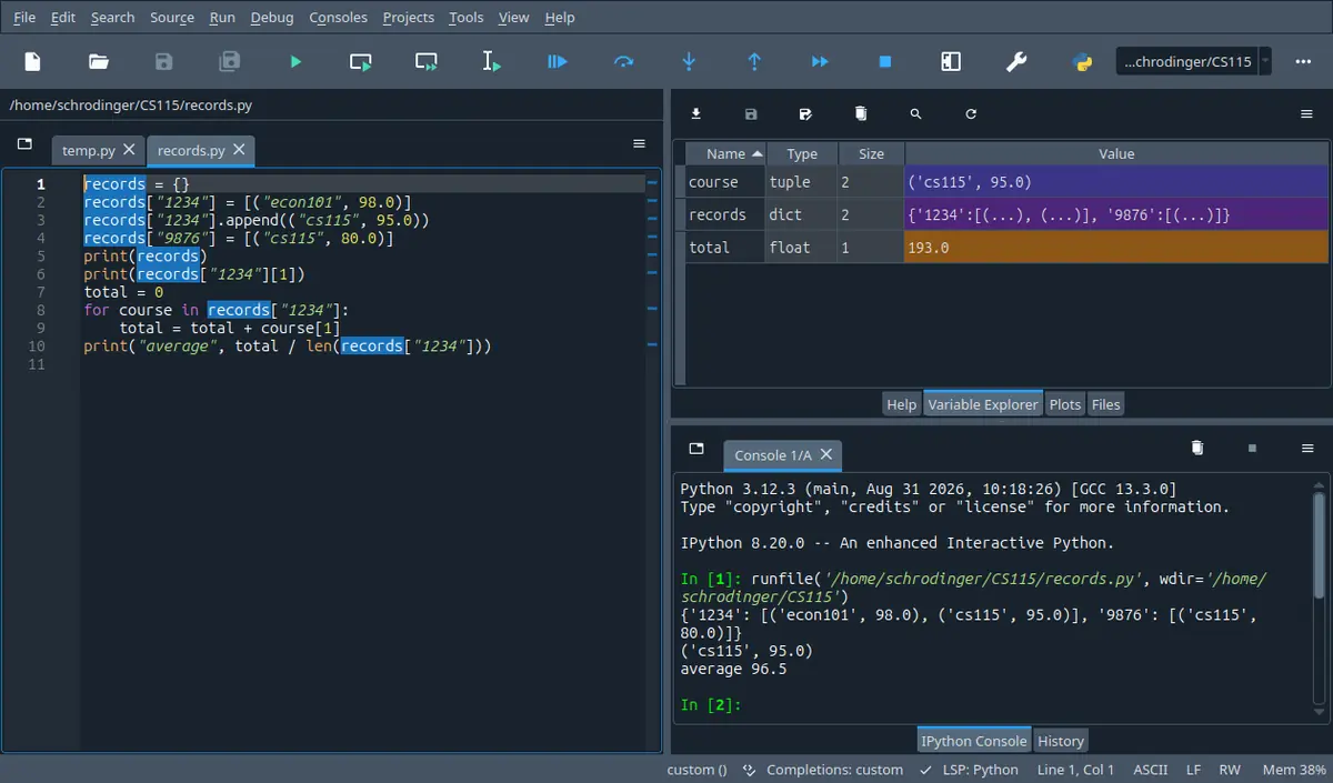 The Variable Explorer tab showing a table with Name, Type, Size and Value columns for the names the program created.